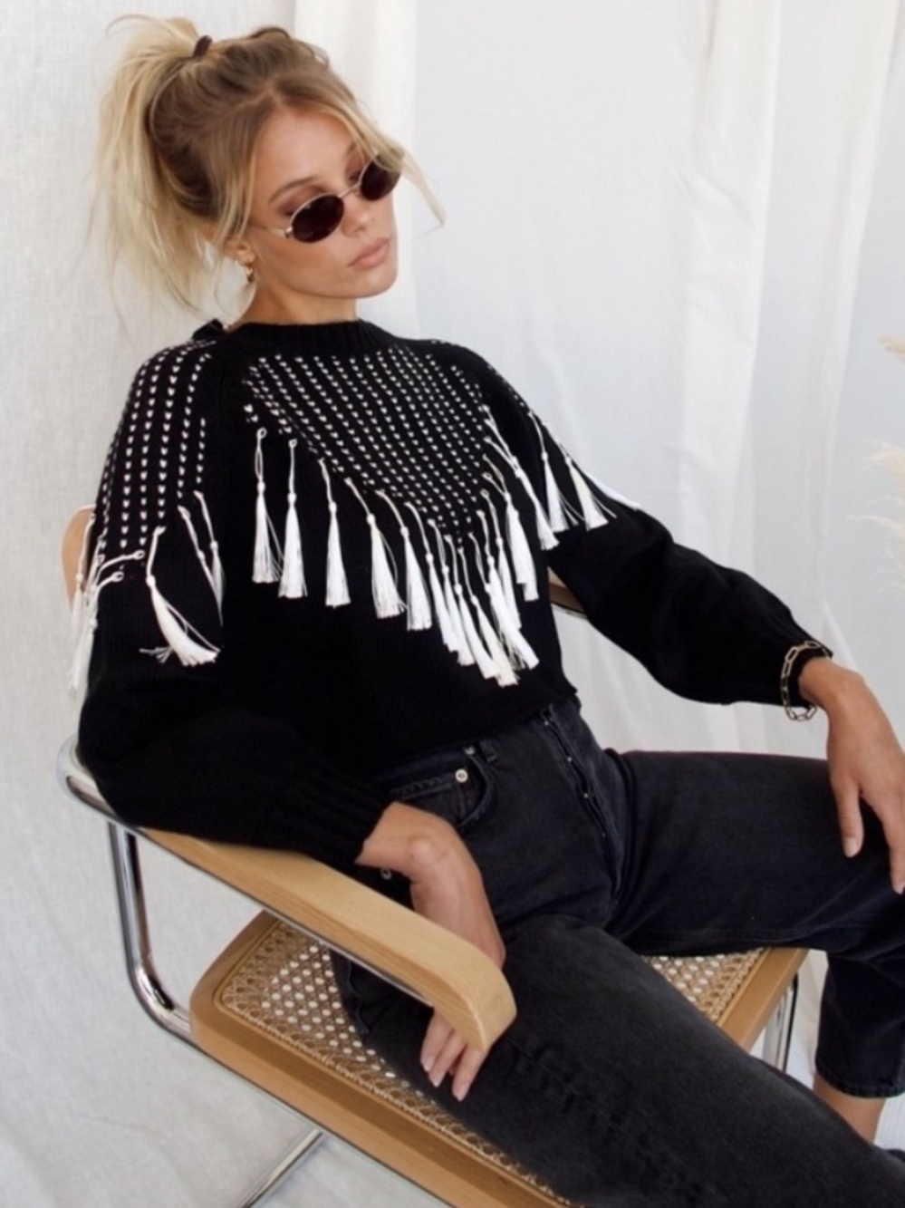 12th Tribe || Fringe Tassel Knit Sweater Top Western Boho Black White OS